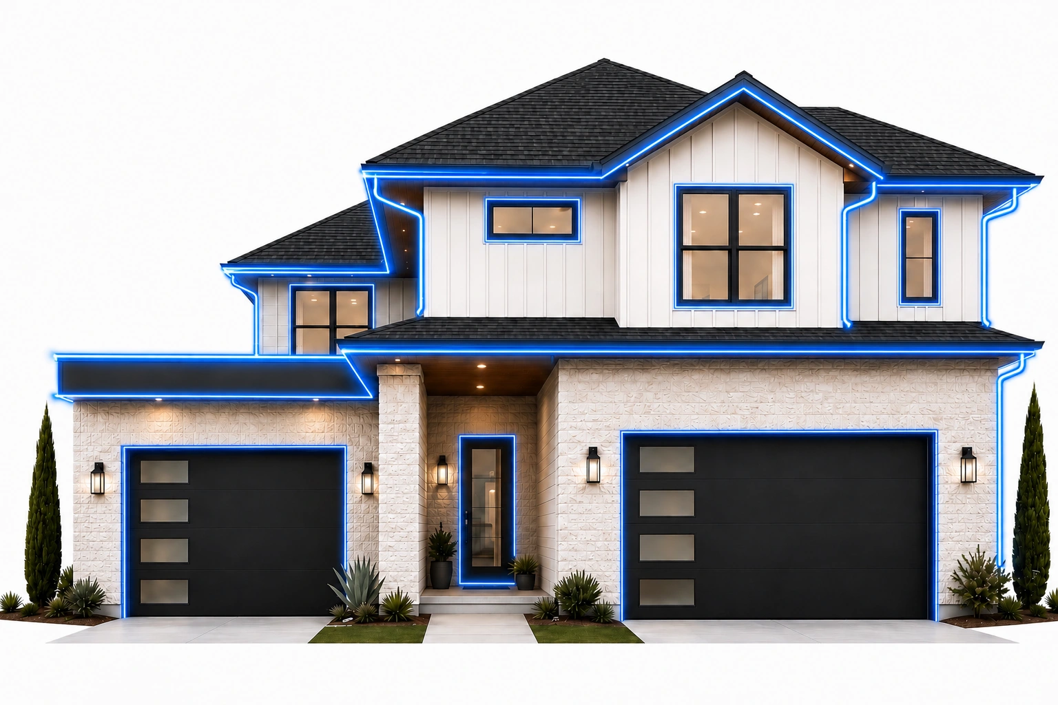 Gutters, downspouts, soffit, fascia and flashing highlighted on modern Texas home