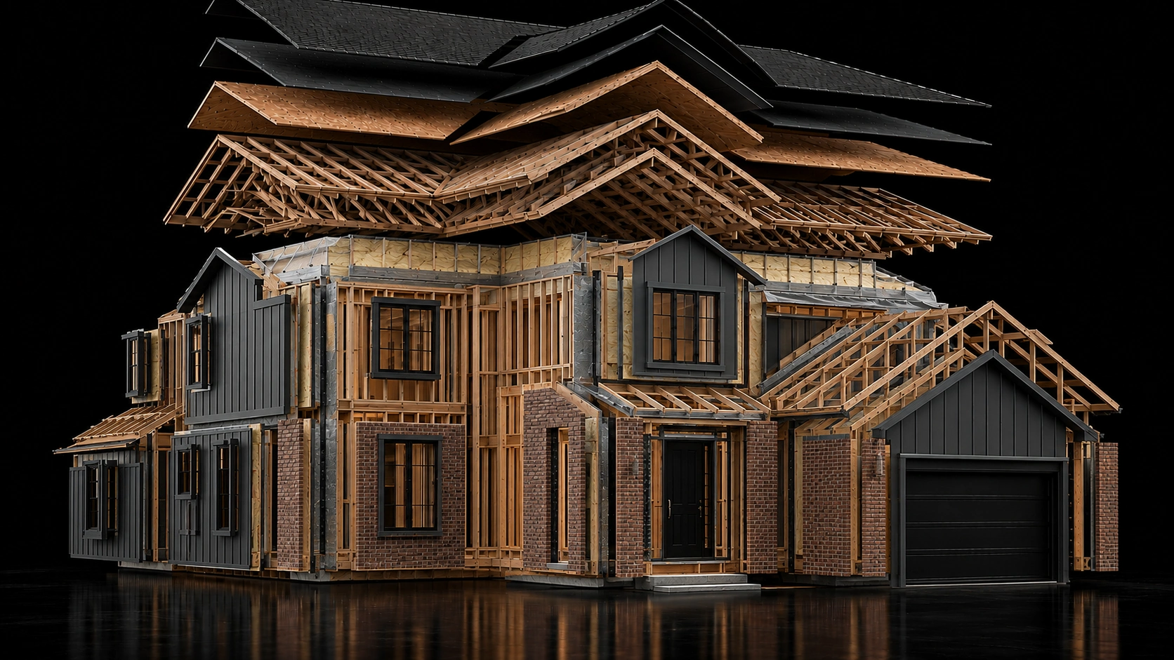 Exploded house envelope showing roof, wall and structural layers