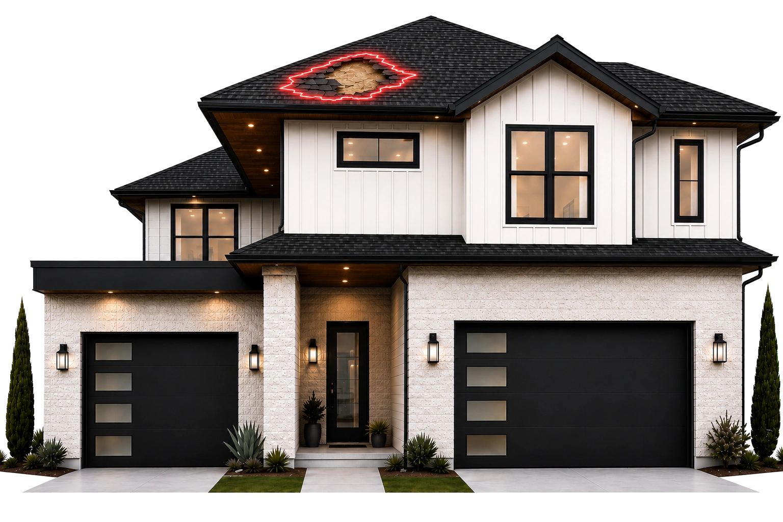 Emergency roof repair damage highlighted on modern Texas home