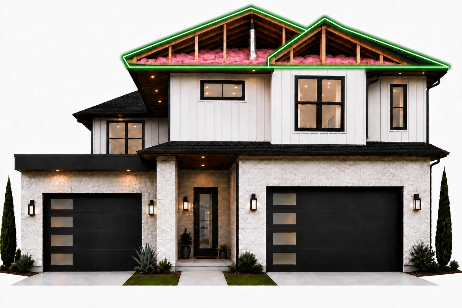 Attic insulation cutaway on modern Texas home
