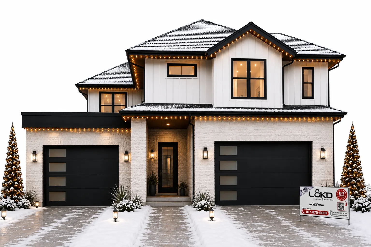 Christmas lights and winter property management on a modern Texas home